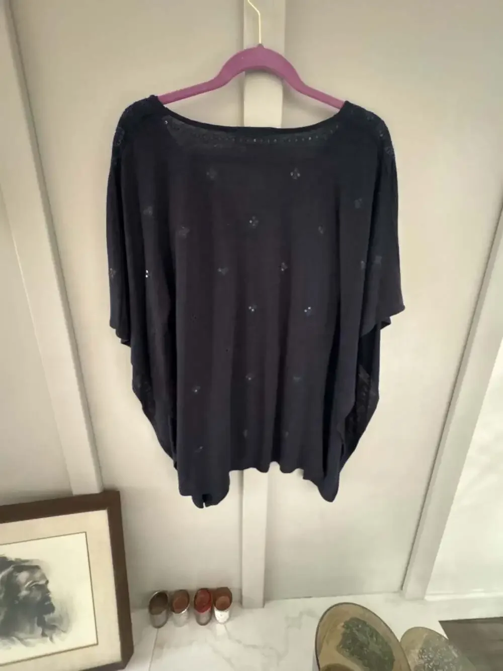 Michael Kors New Navy Embroidered Sequin V-Neck Linen Blend Caftan Top